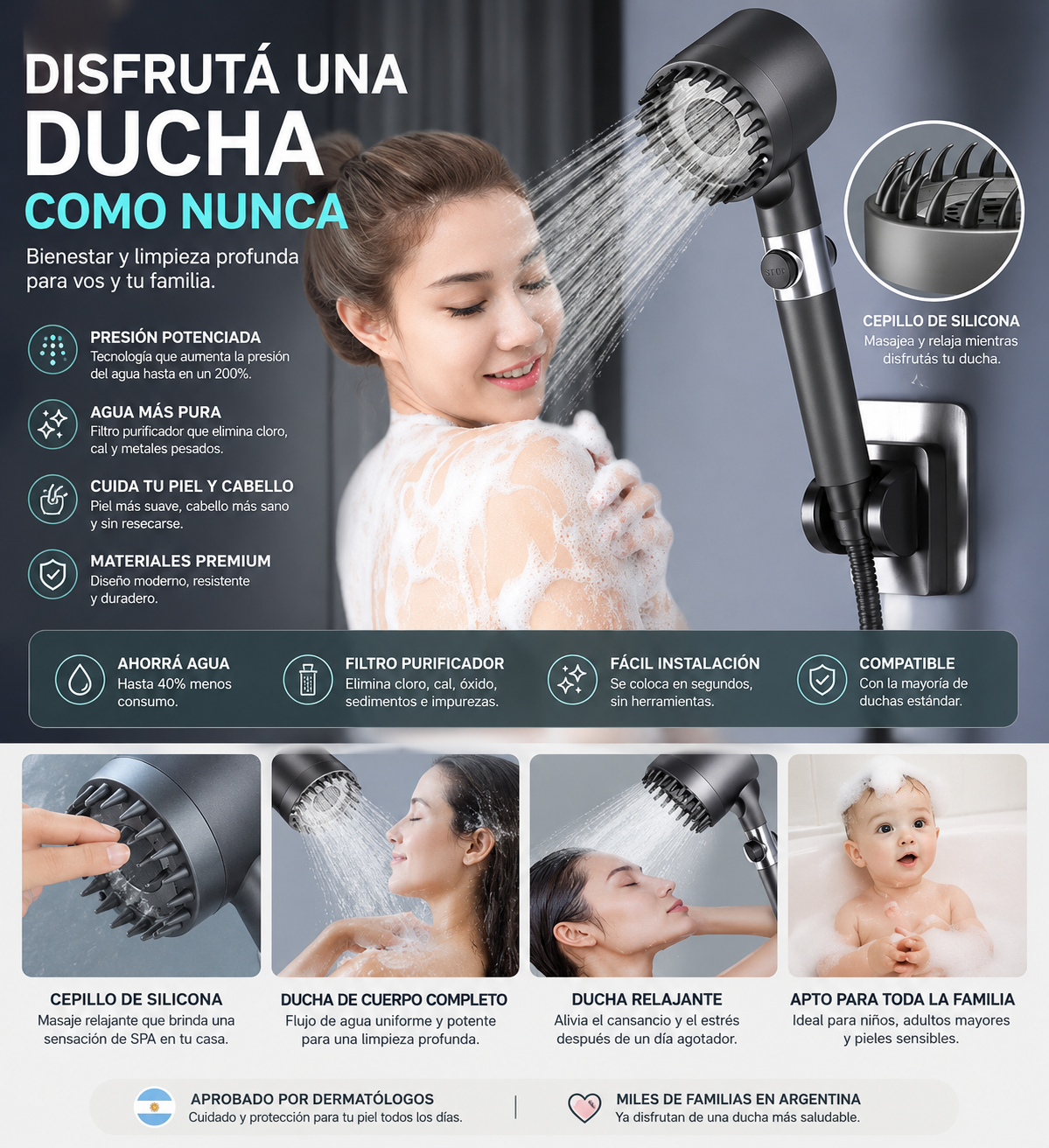 Cabezal de Ducha Turbo Presión + Filtro Purificador - Agua Limpia y Más Potencia